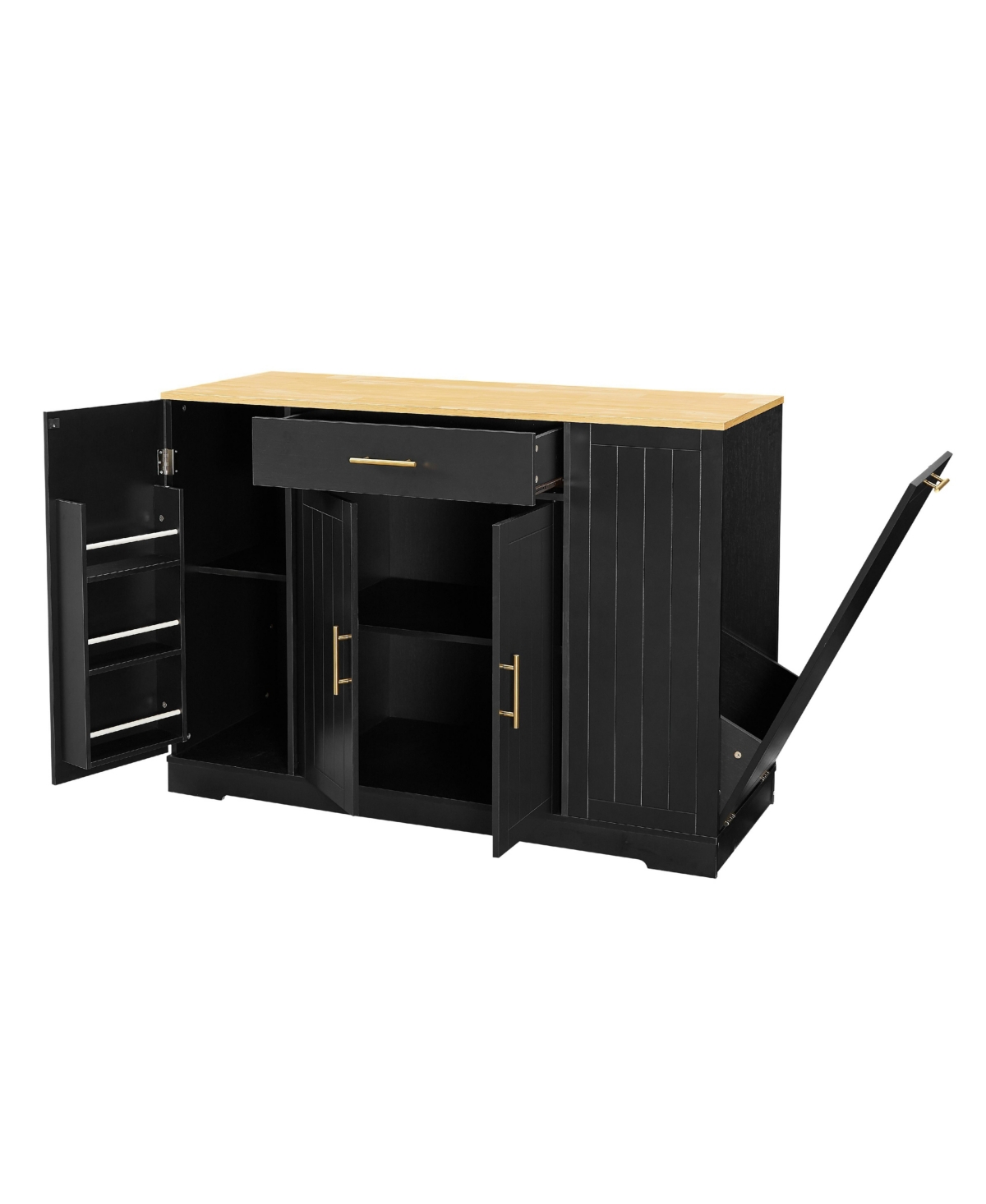 Streamdale Furniture 53" Kitchen Island w/ Trash Can, Drawer & Shelves - Black & Oak