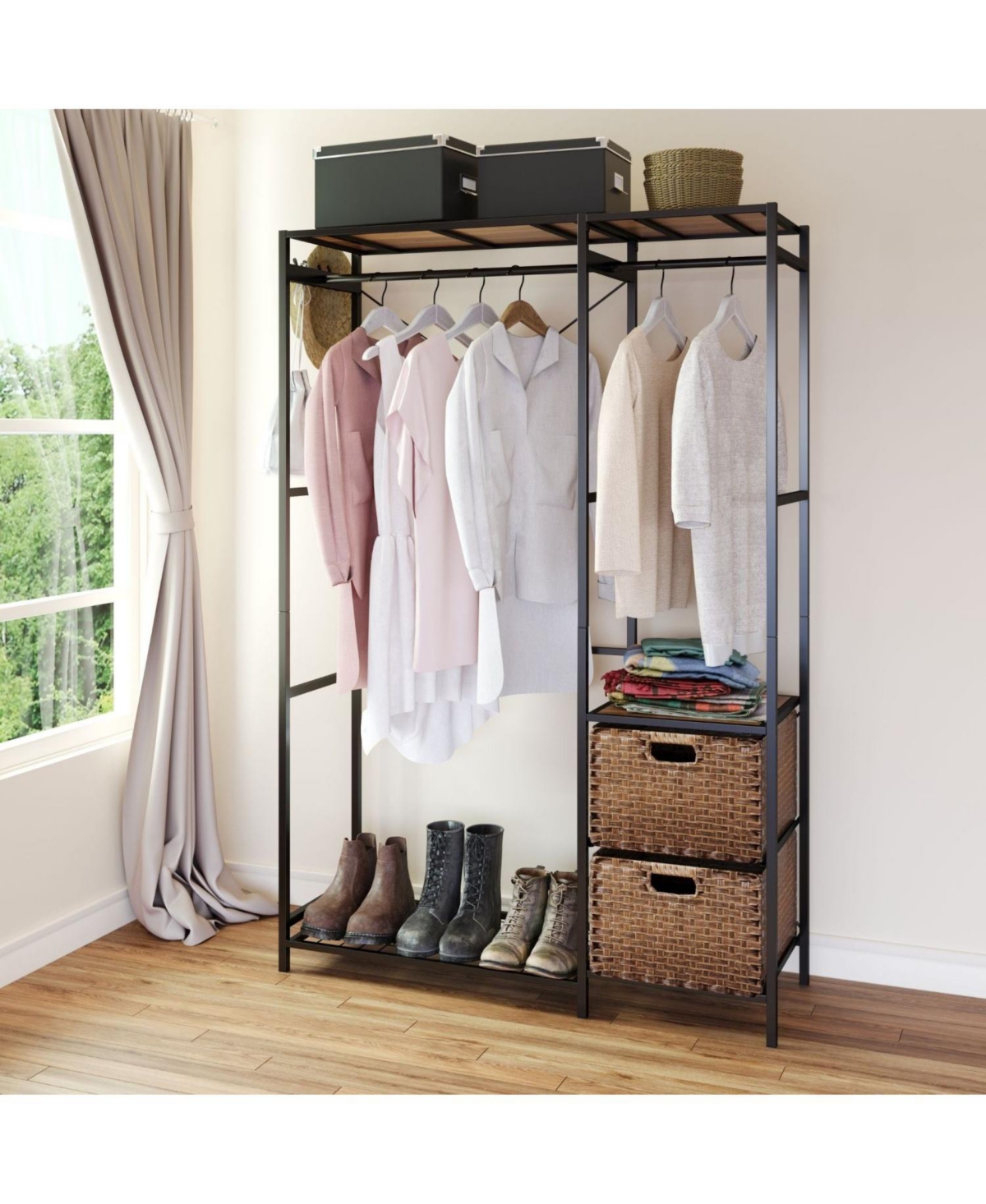 Streamdale Furniture Acacia Wood Garment Rack w/ Shelves, Drawers & Hooks