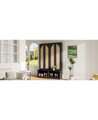 Streamdale Farmhouse Hall Tree- Rattan Doors, Bench, Hooks, Shoe Cabinet - Black, 55.1&amp;#x22;W