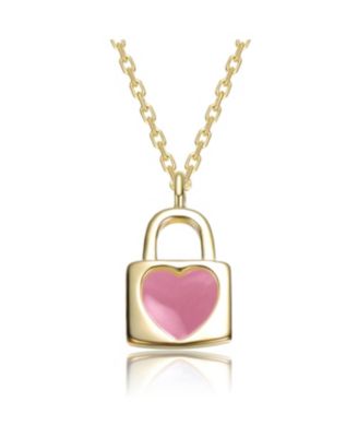 14K Gold Plated with Soft Pink or Pink Enamel Heart-Shaped Lock Pendant Necklace For Kids