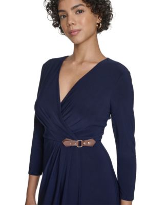 Petite Surplice Faux Wrap Sheath With Buckle Dress