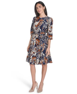 Petite Jewel Neck Belted Fit and Flare Godet Dress