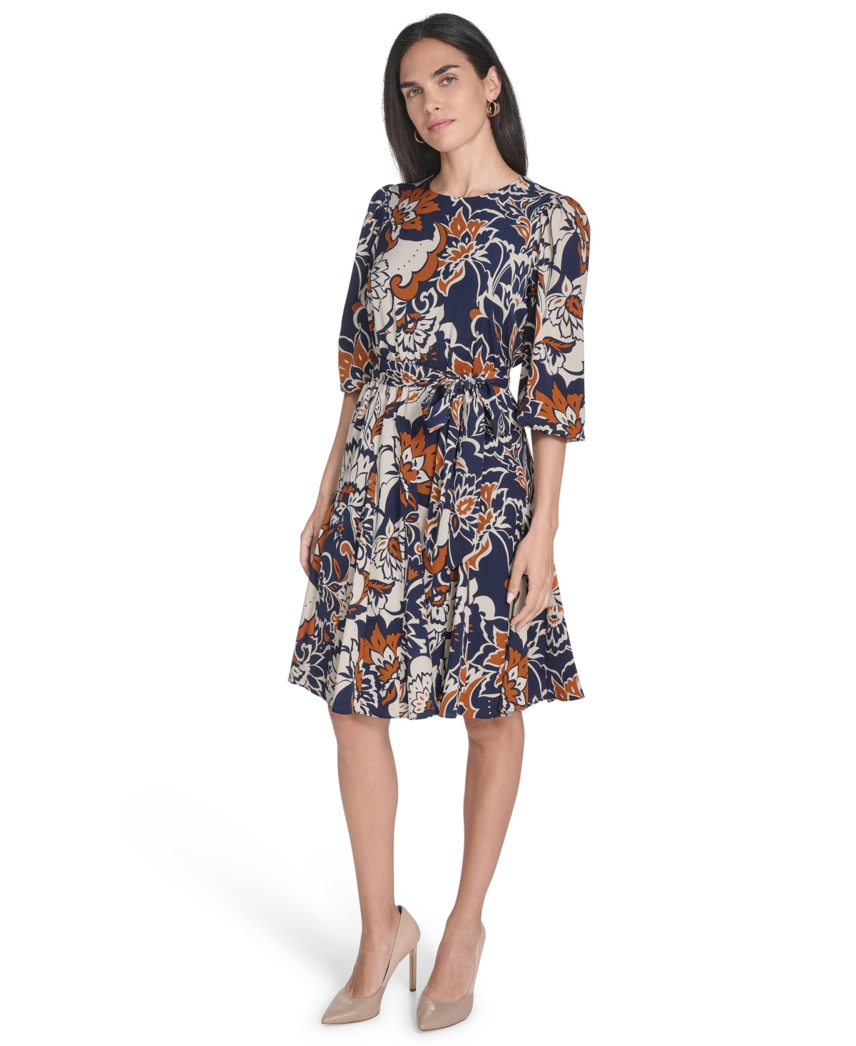 Jessica Howard Petite Jewel Neck Belted Fit And Flare Godet Dress In Multi