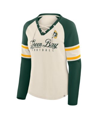Women's Cream/Green Bay Packers Hometown Gridiron Hero Raglan Lace-Up V-Neck Long Sleeve T-Shirt
