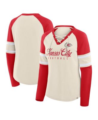Fanatics - Women's Cream/Red Kansas City Chiefs Hometown Gridiron Hero Raglan Lace-Up V-Neck Long Sleeve T-Shirt