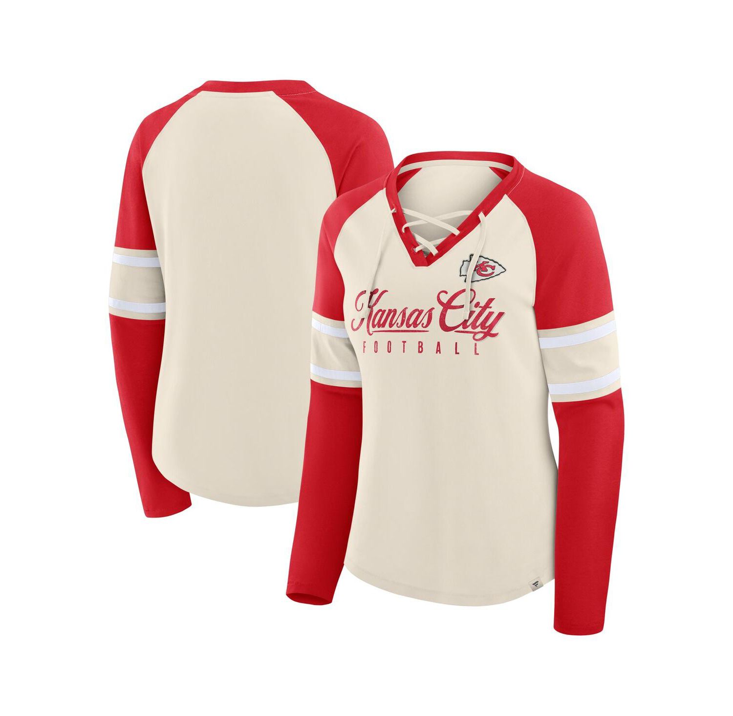 Women's Cream/Red Kansas City Chiefs Hometown Gridiron Hero Raglan Lace-Up V-Neck Long Sleeve T-Shirt