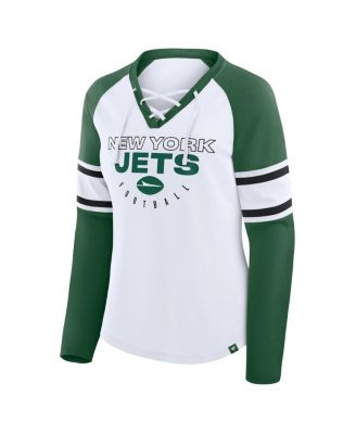 Women's White/Green New York Jets Redzone Blitz Package Raglan Lace-Up V-Neck Long Sleeve T-Shirt