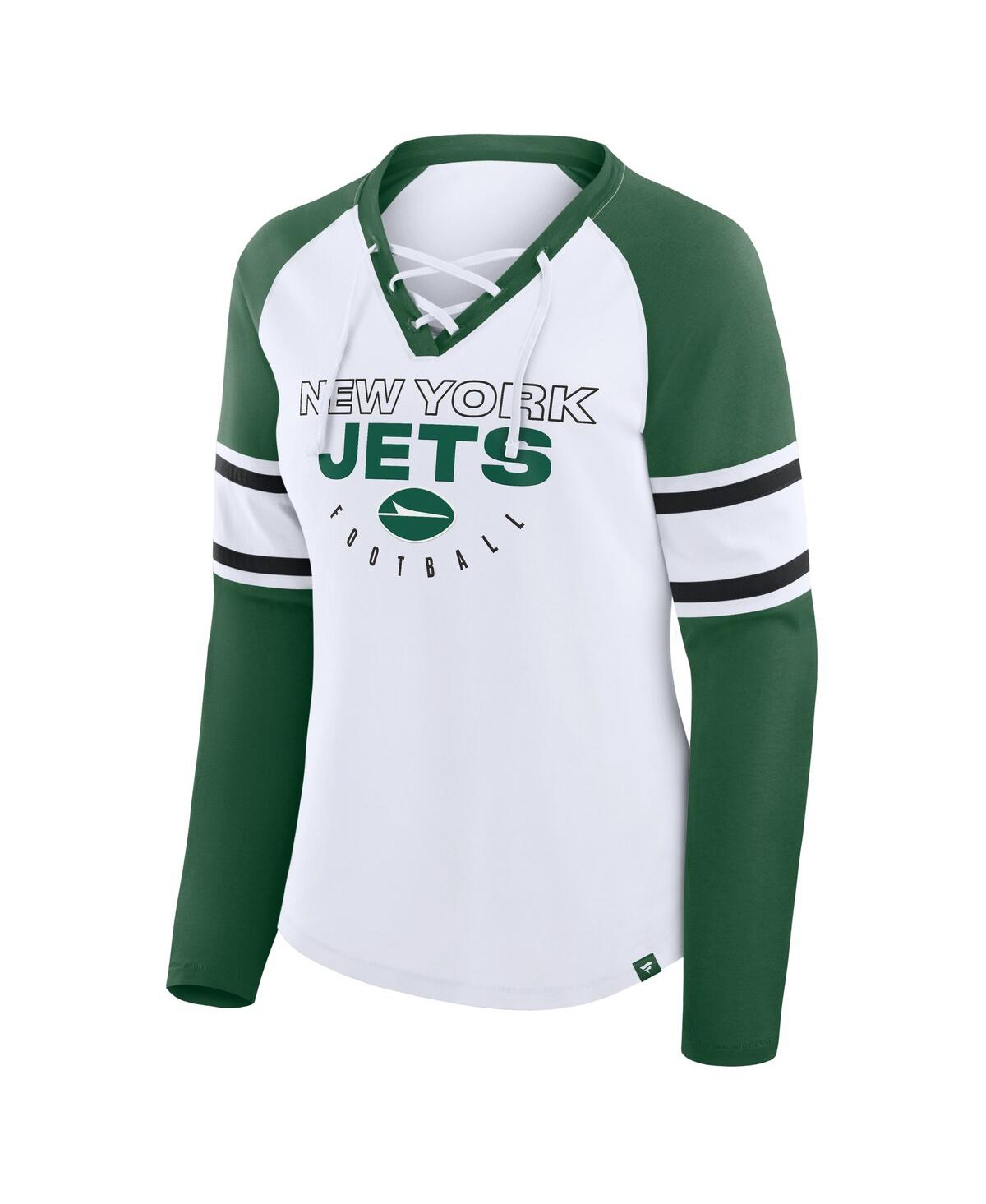 Fanatics Women's White/green New York Jets Redzone Blitz Package Raglan Lace-up V-neck Long Sleeve T-shirt In Green
