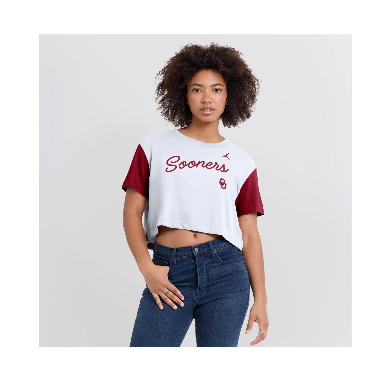 Women's White/Crimson Oklahoma Sooners Color-Block Script Dri-FIT Cropped T-Shirt