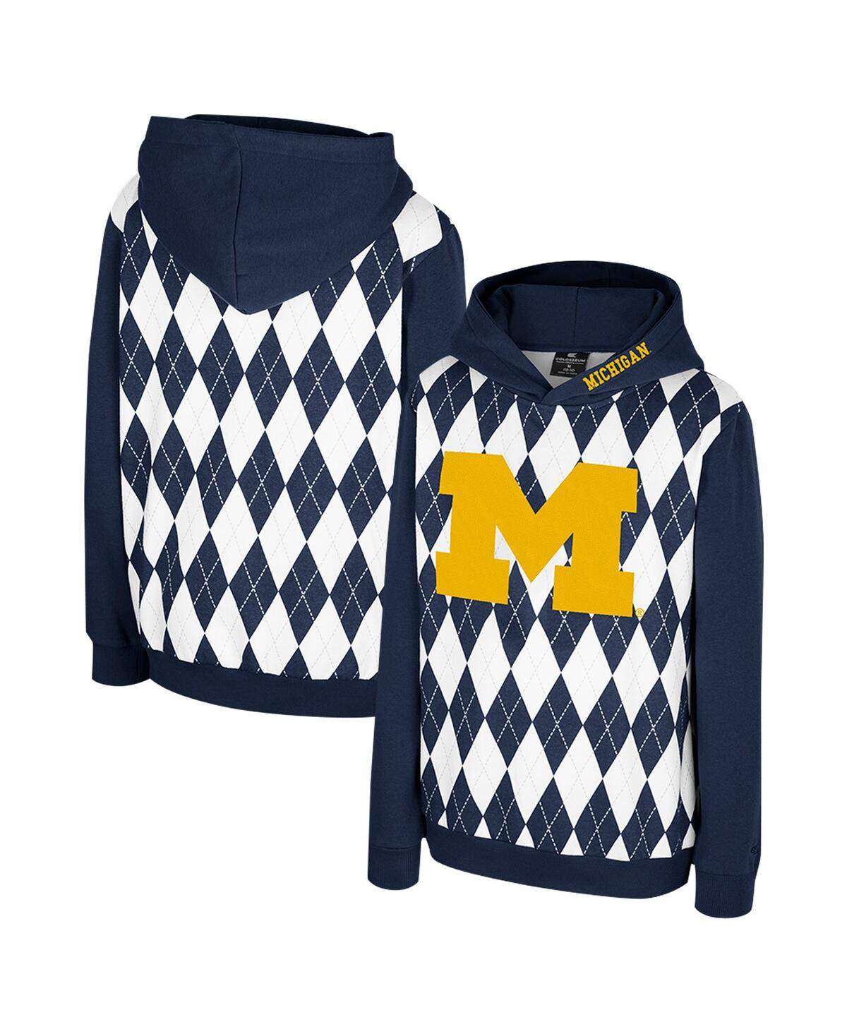 Colosseum Kids' Big Boys And Girls Navy Michigan Wolverines Argyle The Dealio Pullover Hoodie In Blue