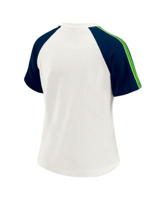 Women's White Seattle Seahawks Sleeve Stripe Distressed Raglan T-Shirt