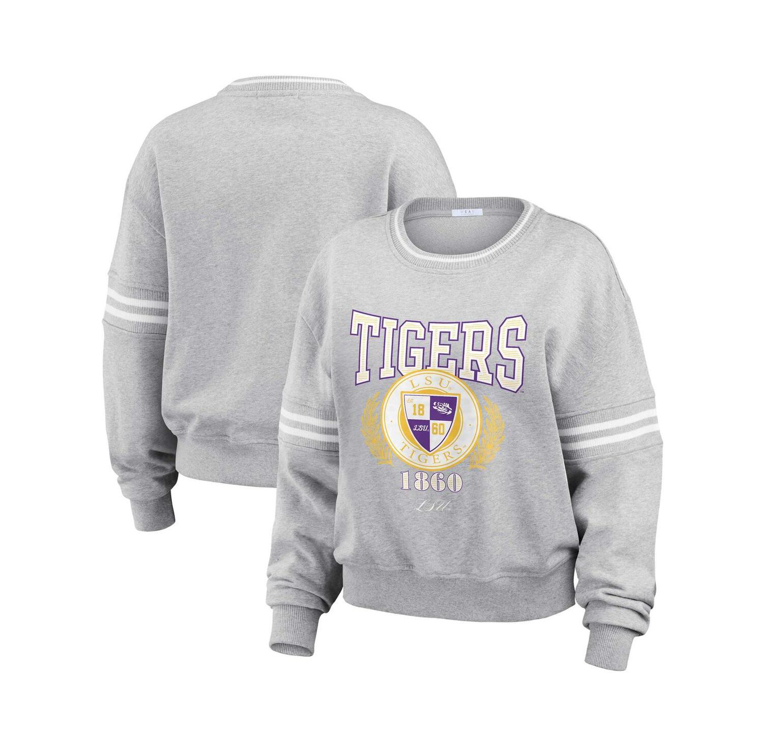 Women's Heather Gray LSU Tigers Classic Stripe Pullover Sweater