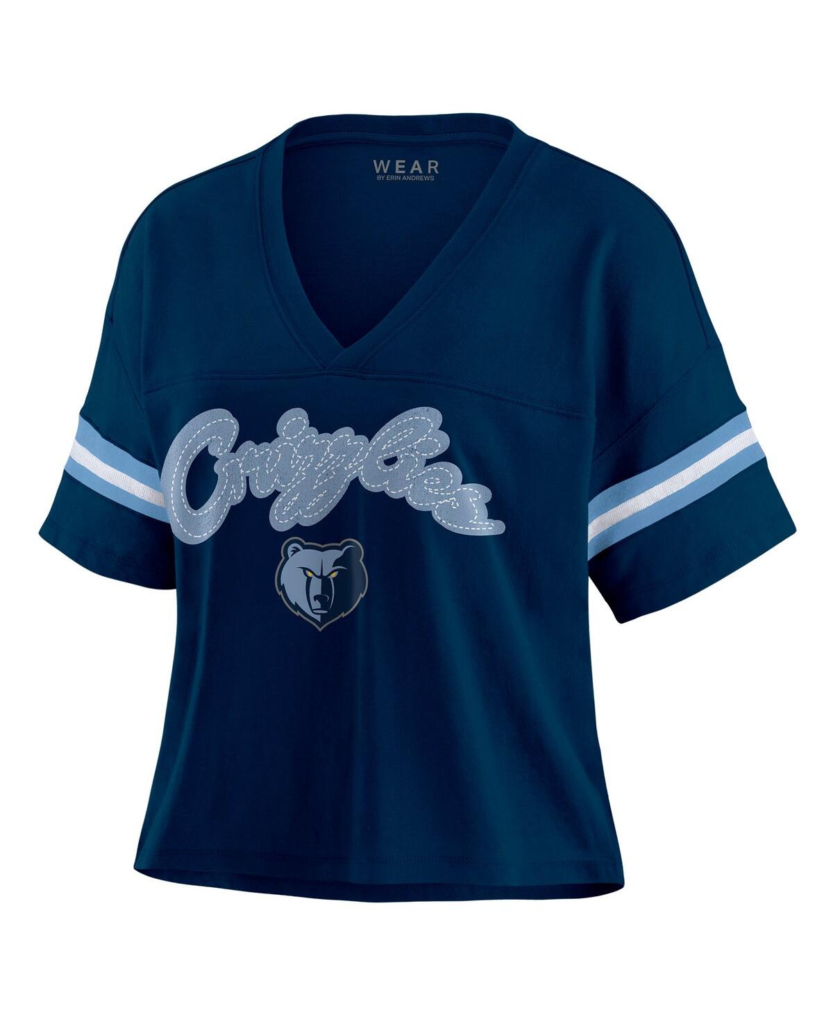 Wear By Erin Andrews Women's Navy Memphis Grizzlies Color Block Boxy V-neck T-shirt In Blue