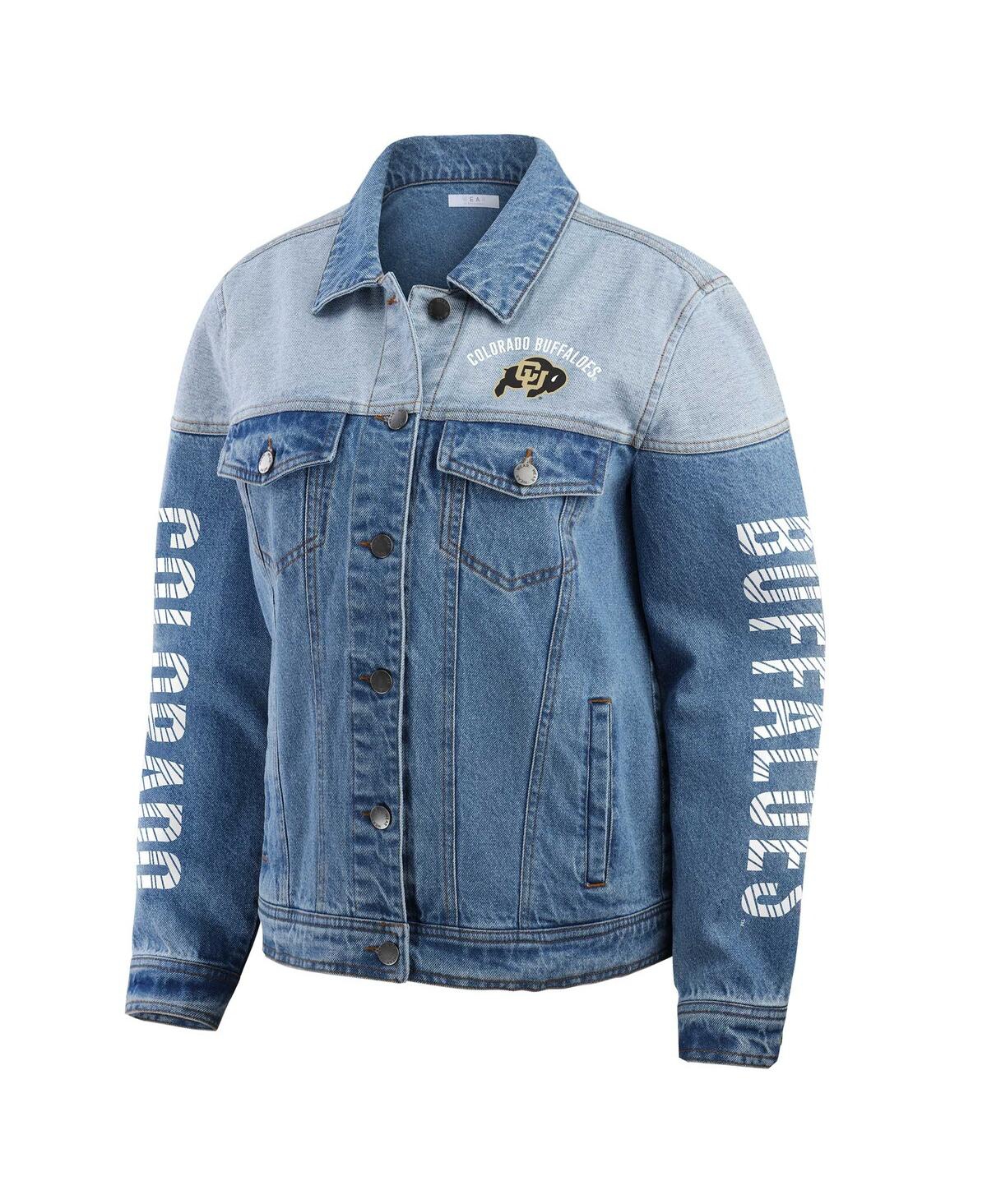 Wear By Erin Andrews Women's Denim Colorado Buffaloes Sleeve Hit Color Block Button-down Denim Jacket In Blue