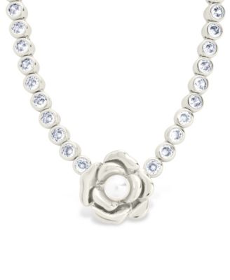 Rosa Cultivated Pearl Flower Cubic Zirconia Tennis Necklace