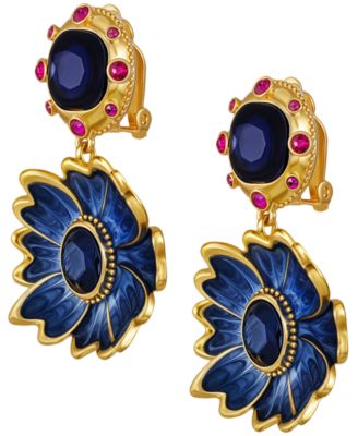 Glass Stone Gold-Tone Floral Clip-On Drop Earrings
