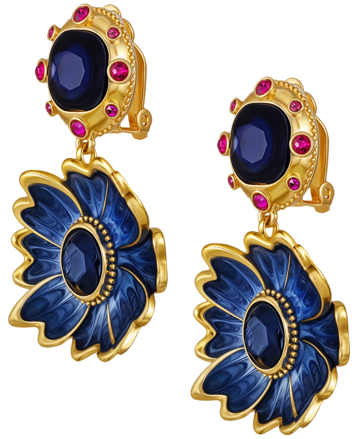 Guess Glass Stone Gold-tone Floral Clip-on Drop Earrings In Blue