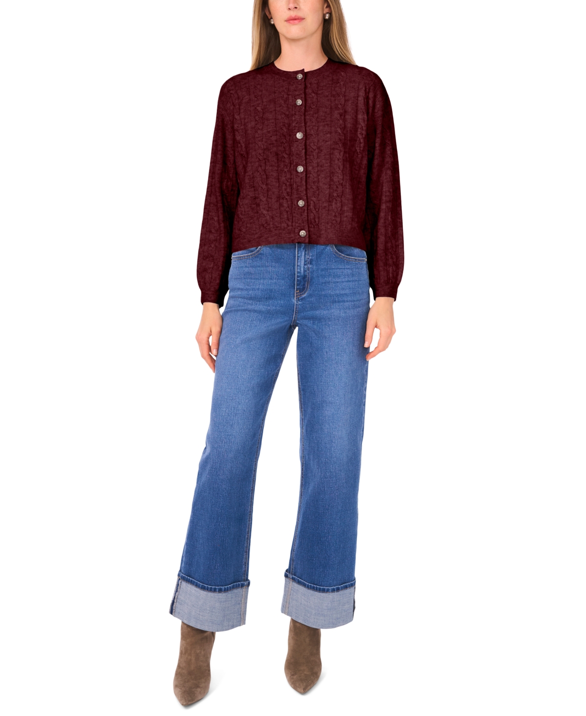 1.state Women's Long Sleeve Crewneck Cardigan Sweater In Burgundy