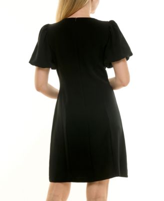 Petite Puff Sleeve Flower Trim Dress