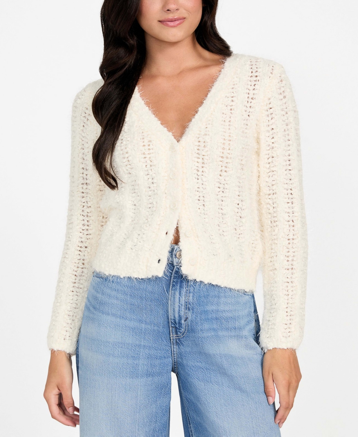 Guess Women's Bea Open Stitch Long Sleeve Cardigan Sweater In White
