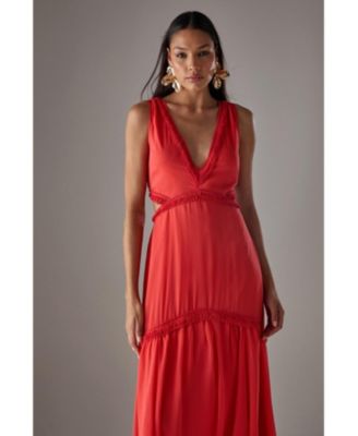 Women's Chiffon Fringe Trim Cut Out Maxi Dress