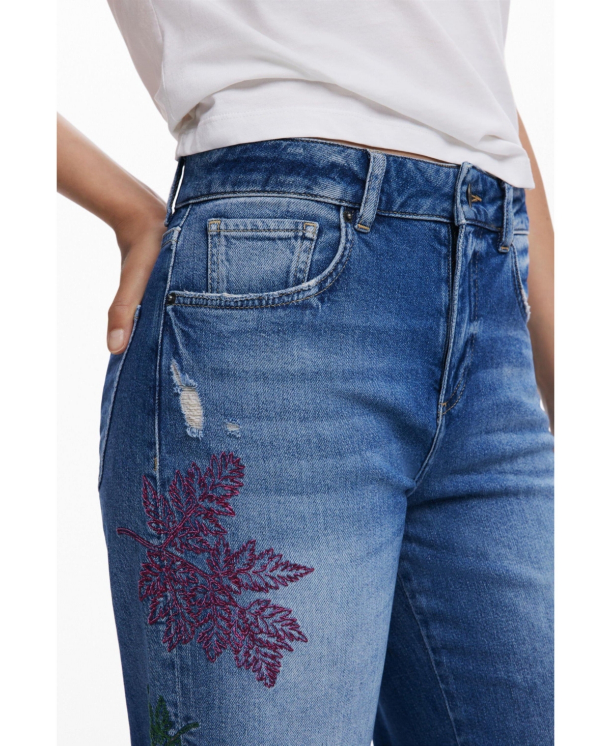 Desigual Leaf Embroidered Crop Wide Leg Jeans In Blue