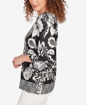 Petite Floral Geo Border Knit Top