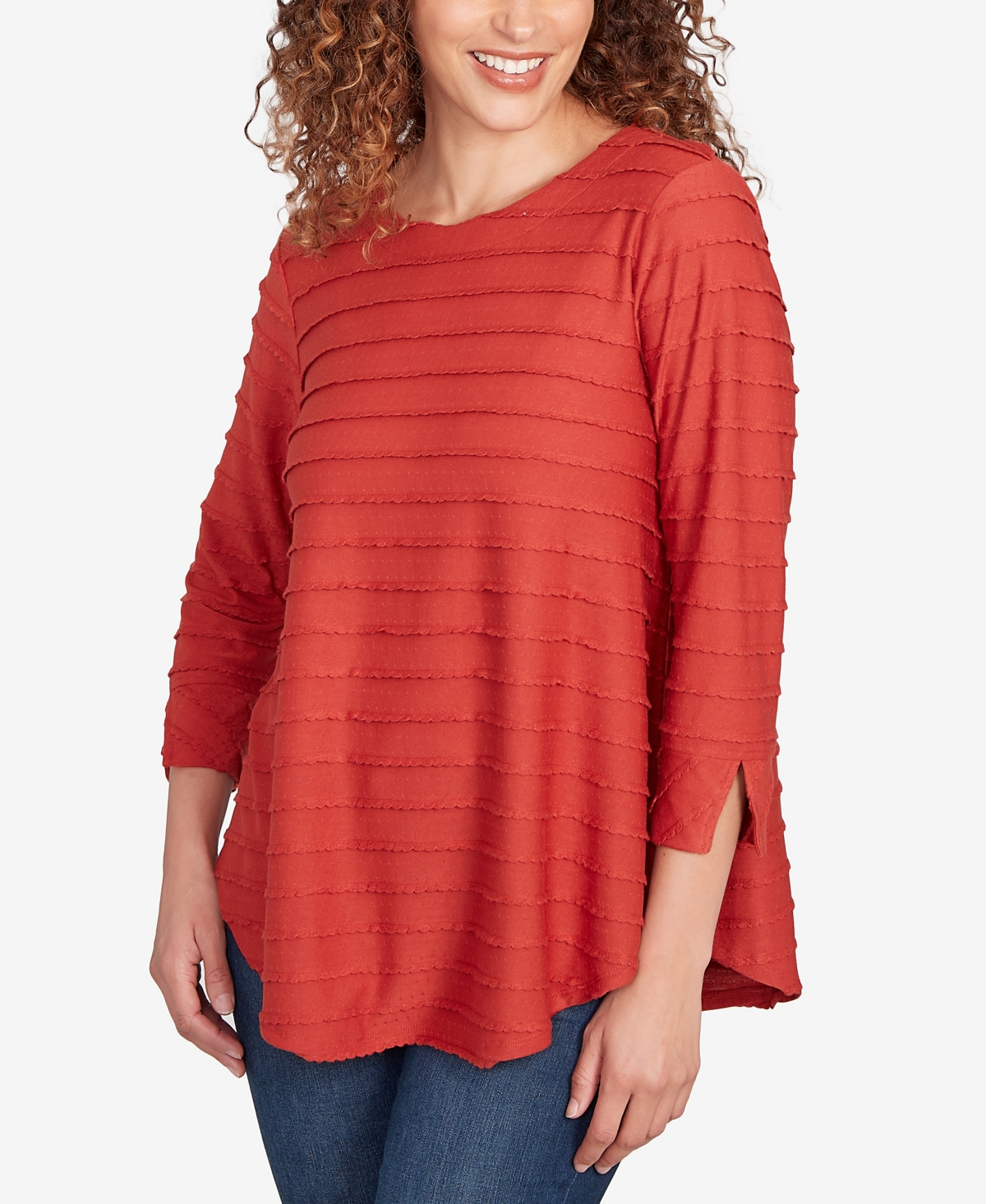 Ruby Rd. Petite Scalloped Jacquard Knit Top In Red