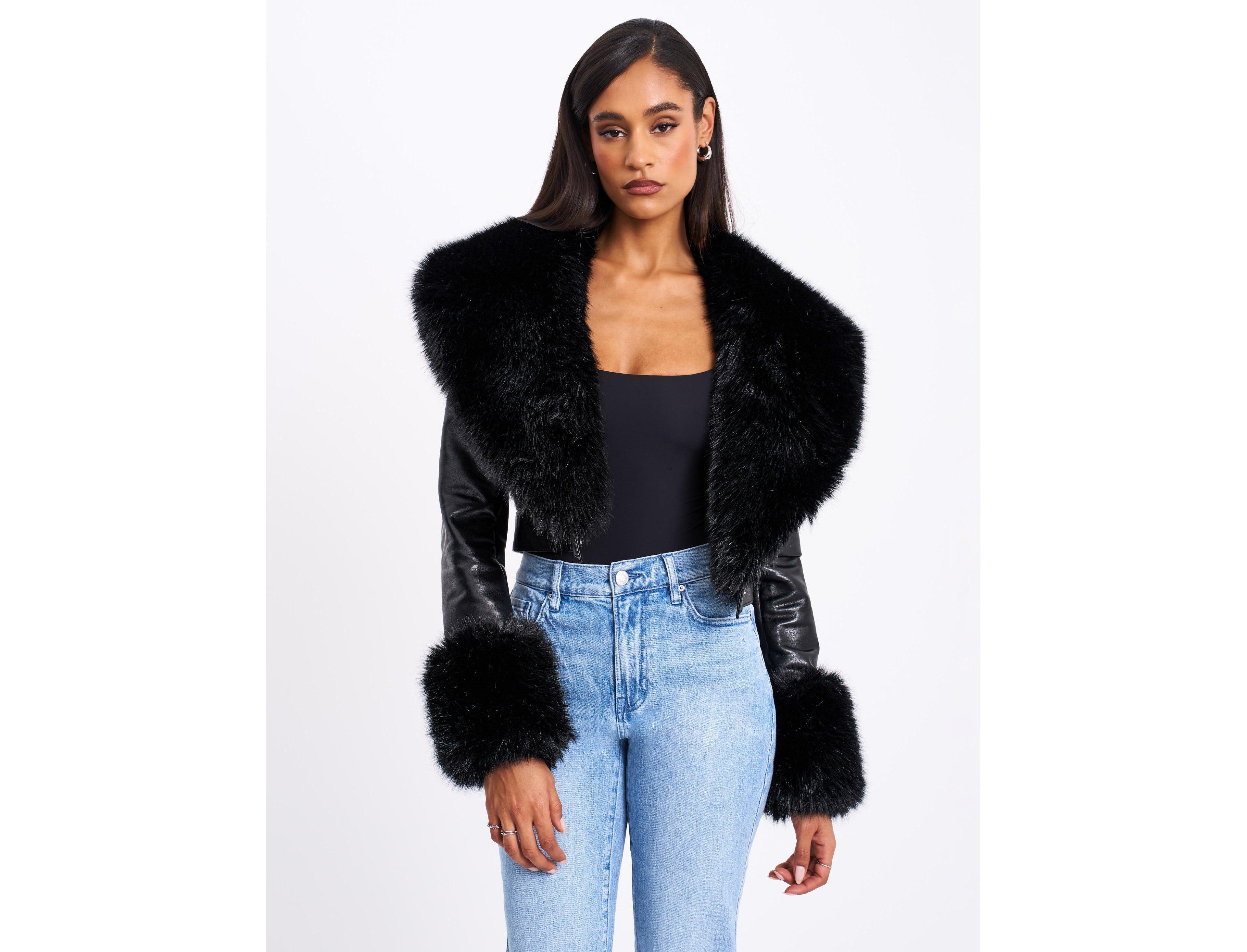 Miss Circle Women's Ziah Cropped Leather Jacket with Fur Collar