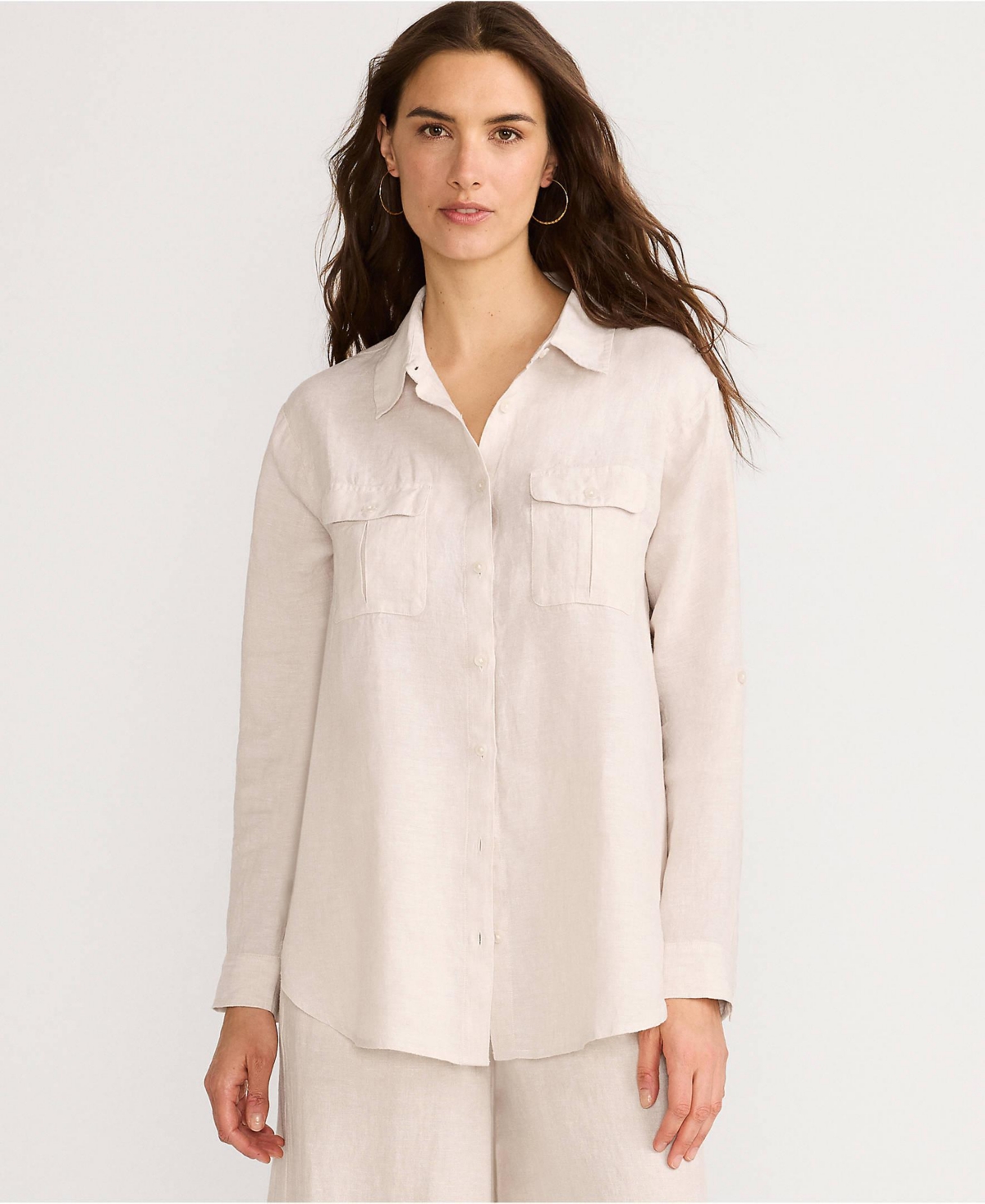 Lands' End Women's Linen Roll Sleeve Relaxed Tunic Top