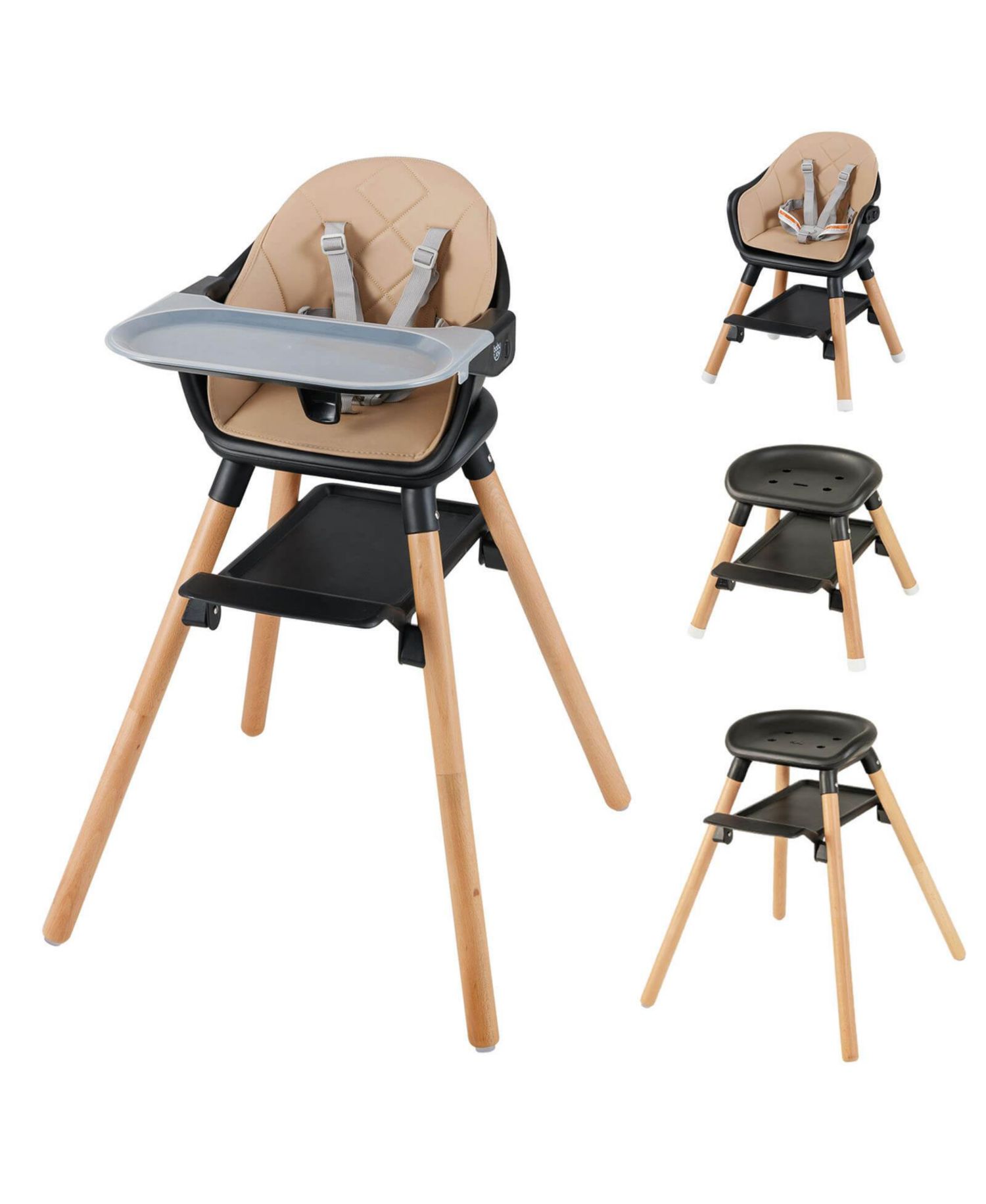 6-in-1 Convertible Wooden Baby Highchair Infant Feeding Chair with Removable Tray