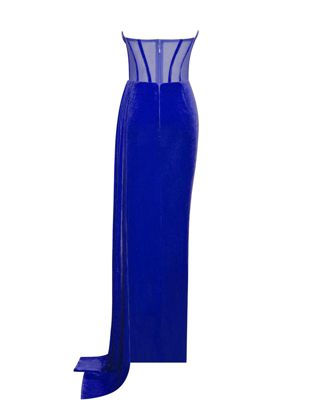 Women Priya Royal Blue Draping Corset High Slit Velvet Gown