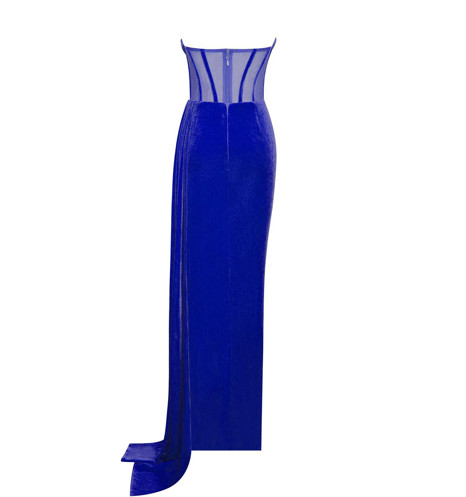 Women Priya Royal Blue Draping Corset High Slit Velvet Gown