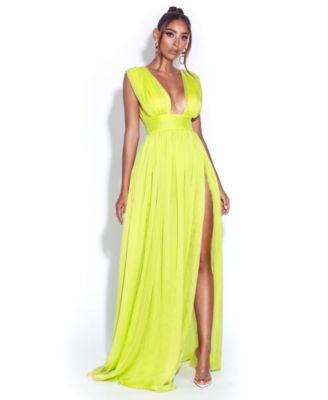 Women Valley Of Angels Lime Chiffon Pleated High Slit Maxi Dress
