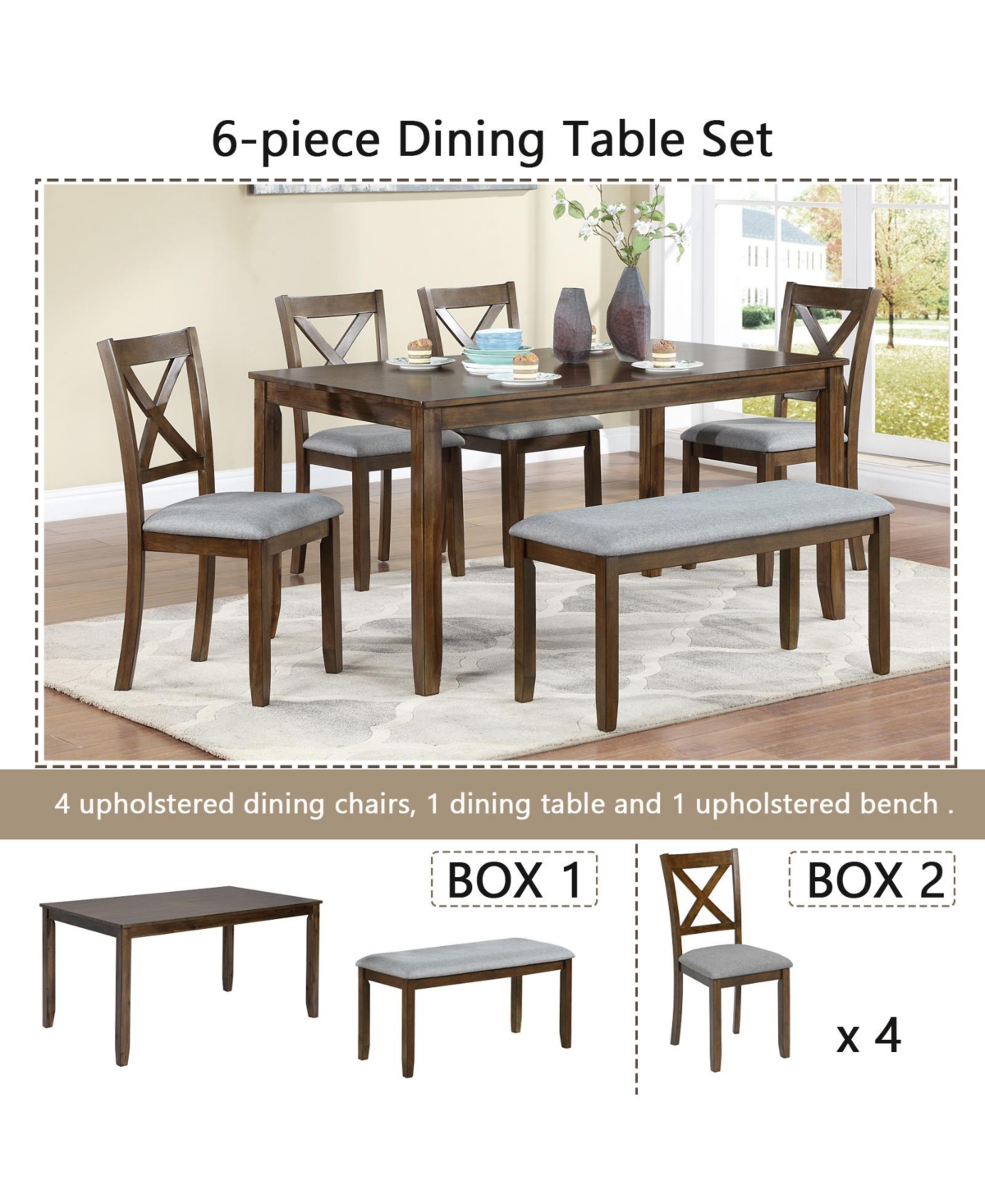 Casainc 6 Piece Wooden Dining Table Set with Table, 4 Upholstered Chairs and Bench