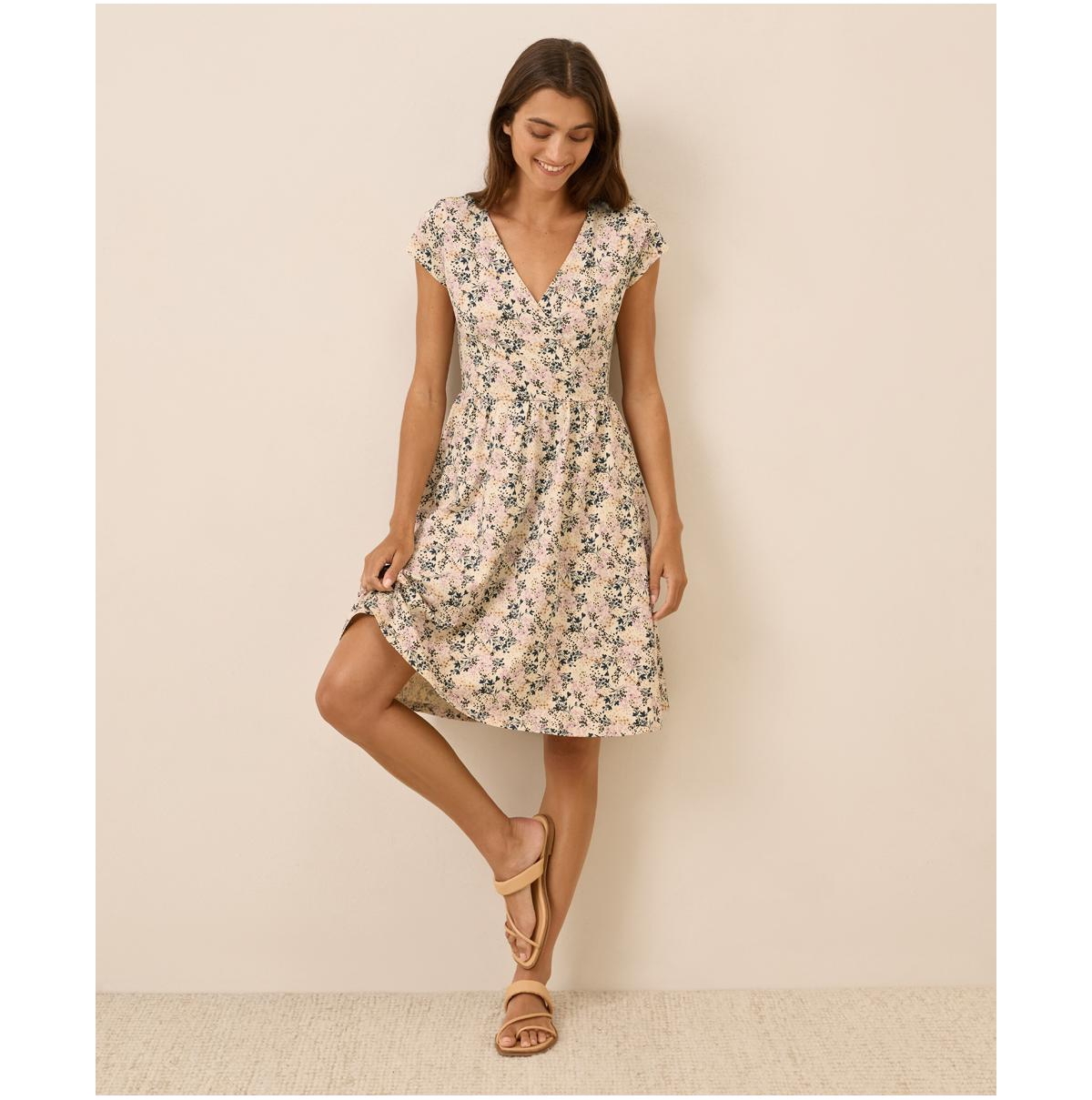 Pact Women's Organic Cotton Fit & Flare Crossover Dress - Bouquet blooms sandshell