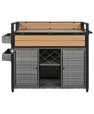 Wicker Outdoor Grill Cart with Extended Table Top and Storage Cabinet