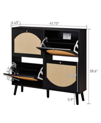 2 Rows of 4 Dump Buckets Shoe Cabinet with Frame High Legs and Wood Rattan Surface