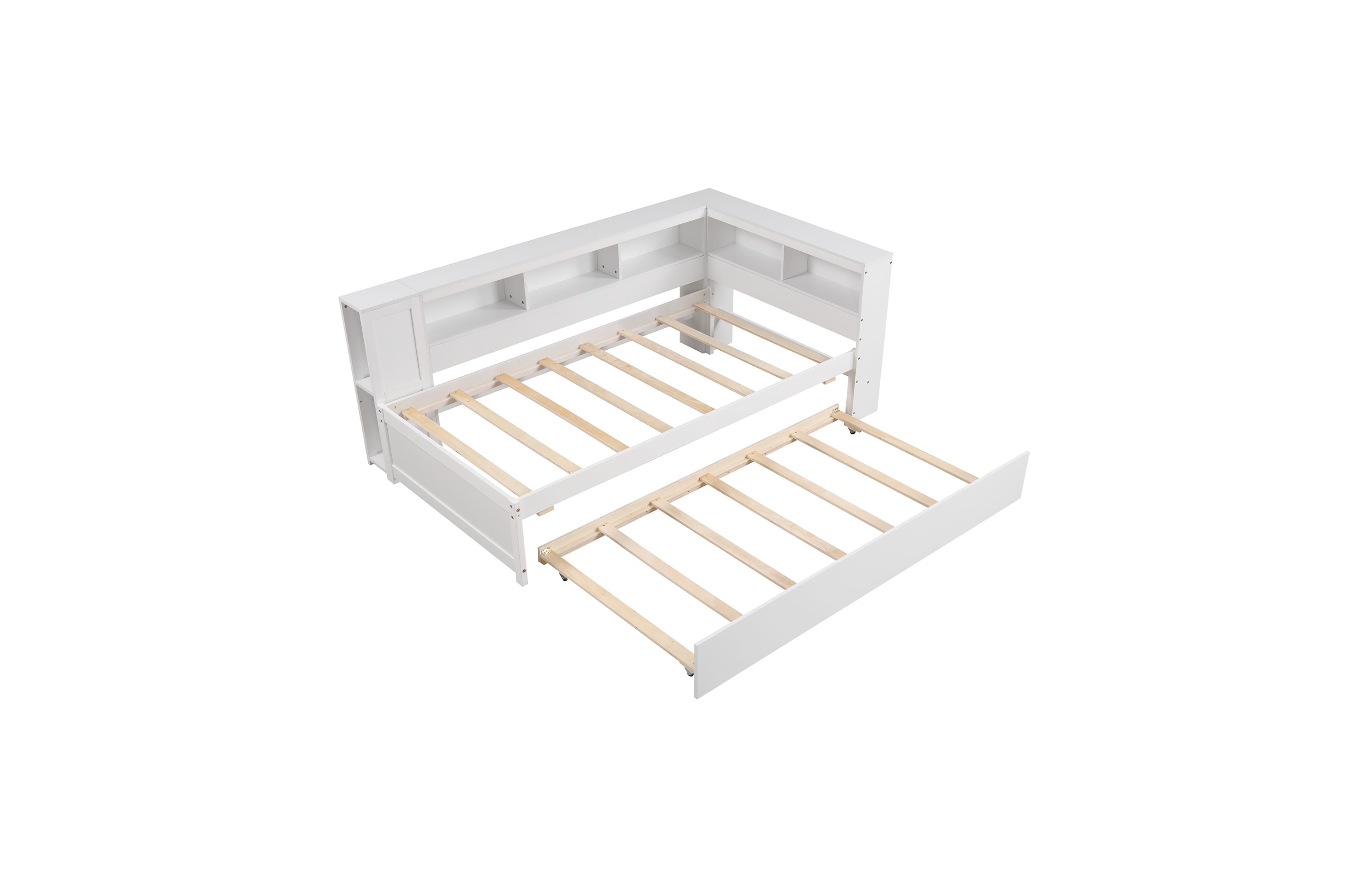 Gymax Twin Size Daybed w/ Trundle Bedside Shelves Reversible Bookcase Headboard