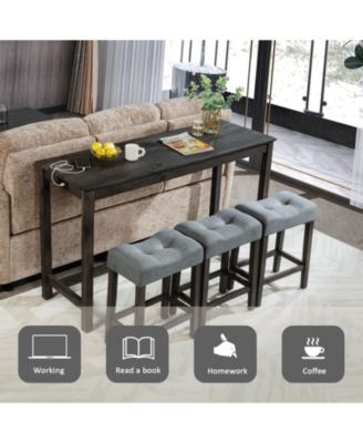 4 Piece Bar Table Set with Power Outlet and 3 Padded Stools for Dining or Living Room