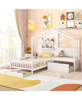 Twin Size House Bed Kids Platform Bed w/ Padded Bench & Floating Shelves