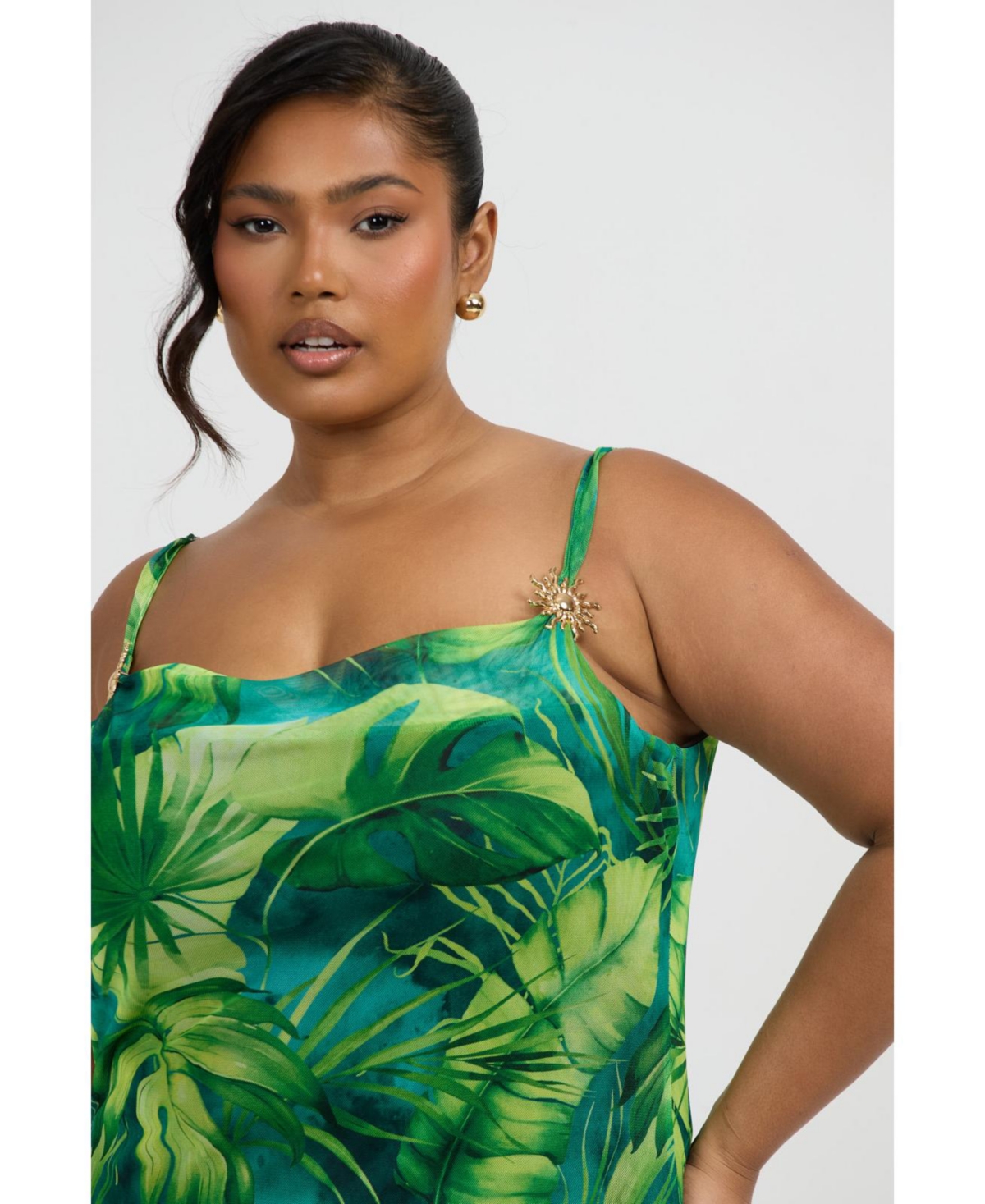 Fashion-szn Curve Women's Palm Print Gold Trim Maxi Dress