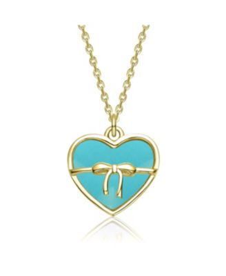14K Gold Plated with White Mother Of Pearl Heart or Blue Enamel with Bow Pendant Neckalce For Kids
