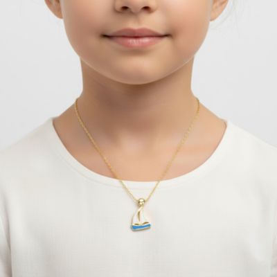 14K Gold Plated with Blue Enamel Elegant Sailboat Design Pendant Necklace