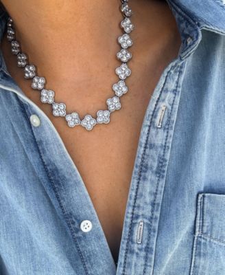 Silver Crystal Clover Link Chain Necklace