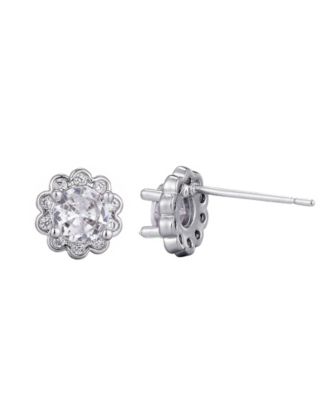 Silver Plated Cubic Zirconia Floral Halo Stud Earrings