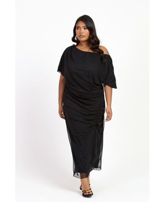 Women's Drop Shoulder Ruched Mesh Midaxi Dress