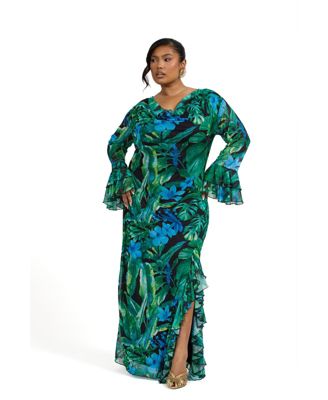 Women's Ruffle Cowl Neck Palm Print Maxi Dress
