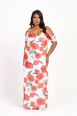 Women's Cold Shoulder Poppy Print Strappy Dress