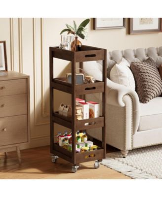 4-Tier Slim Kitchen Rolling Cart with Wheels, Solid Wood Storage Cart